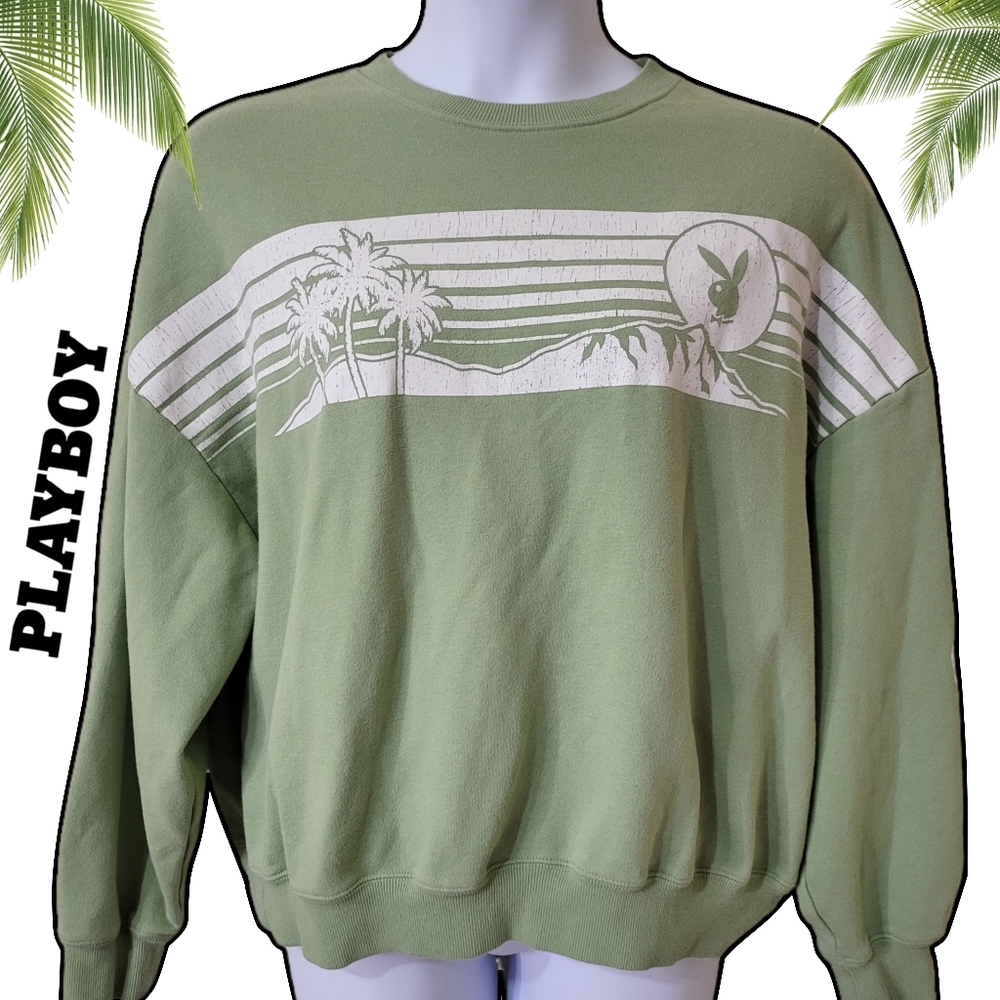 PLAYBOY X PACSUN Green Crewneck Sweater with Ribbed Cuffs